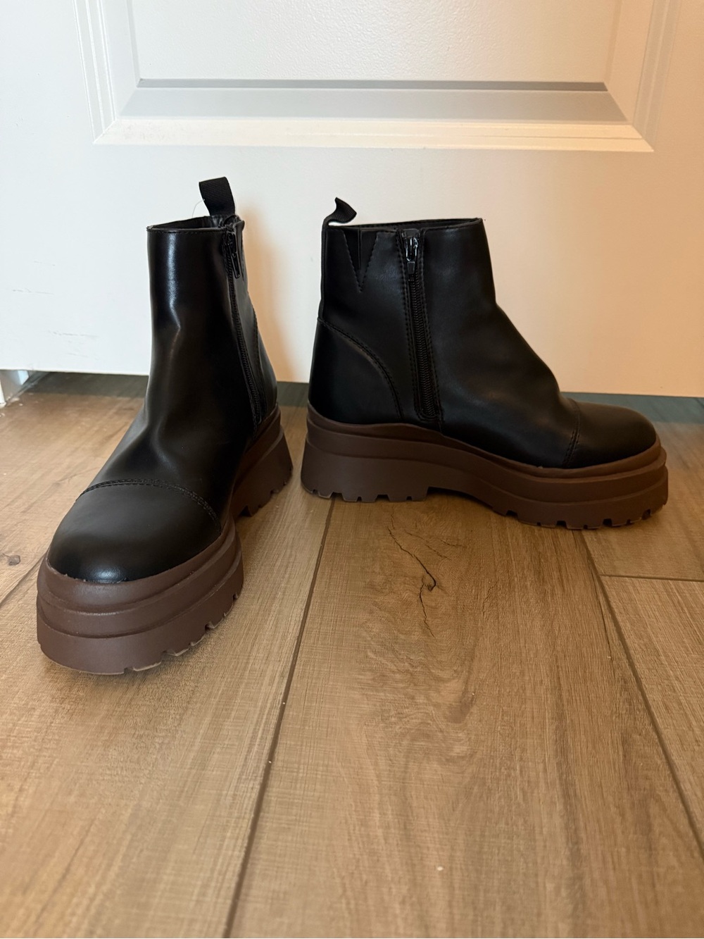Forever 21 Black Vegan Leather Ankle Boots with Contrasting Lug Sole